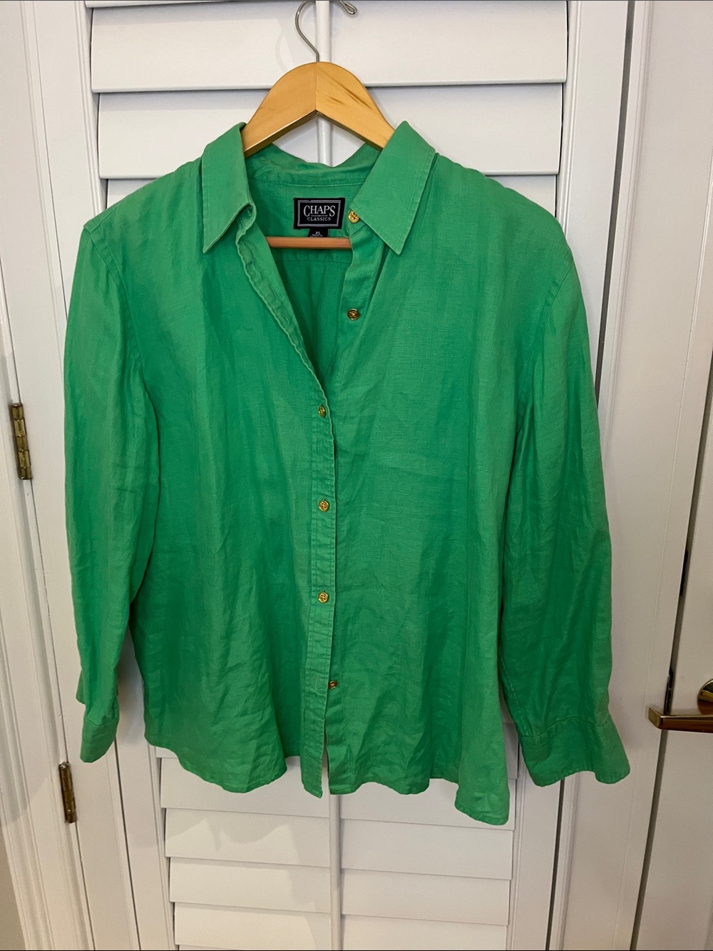 Chaps Women's Emerald Green Button-Down Shirt  100% Linen XL